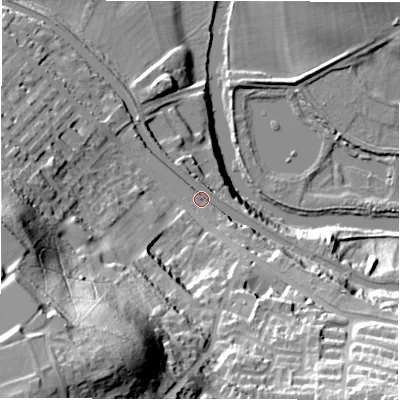 Shaded relief map of the ground around LS131LD, computed from Environment Agency LiDAR. The ground here sits at about 56 m above sea level and falls 71 m across the surrounding 800 m. Surface water reaching this point runs off ground lying to the south-west, 55.8 m higher.