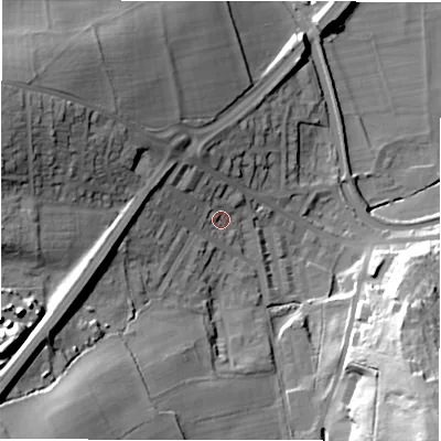 Shaded relief map of the ground around LS131LE, computed from Environment Agency LiDAR. The ground here sits at about 63 m above sea level and falls 47 m across the surrounding 800 m. Surface water reaching this point runs off ground lying to the west-south-west, 34.9 m higher.