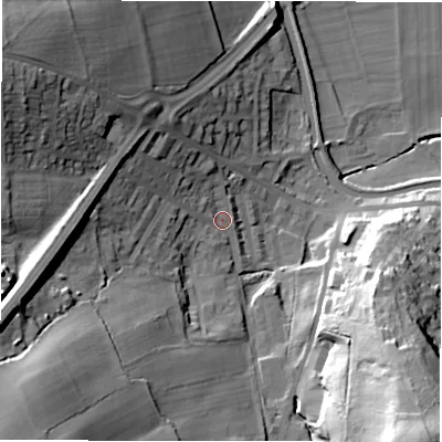 Shaded relief map of the ground around LS131LF, computed from Environment Agency LiDAR. The ground here sits at about 60 m above sea level and falls 51 m across the surrounding 800 m. Surface water reaching this point runs off ground lying to the north-west, 30.9 m higher.