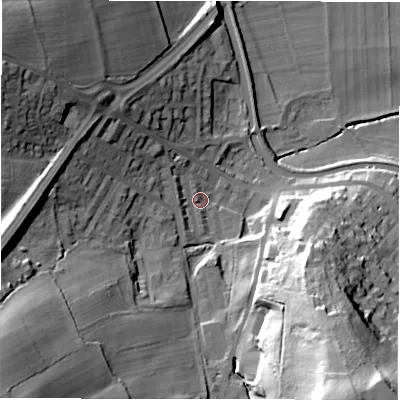 Shaded relief map of the ground around LS131LH, computed from Environment Agency LiDAR. The ground here sits at about 57 m above sea level and falls 52 m across the surrounding 800 m. Surface water reaching this point runs off ground lying to the north-west, 7.4 m higher.