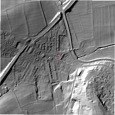 Shaded relief map of the ground around LS131LJ, computed from Environment Agency LiDAR. The ground here sits at about 57 m above sea level and falls 43 m across the surrounding 800 m. Surface water reaching this point runs off ground lying to the west-north-west, 18.9 m higher.