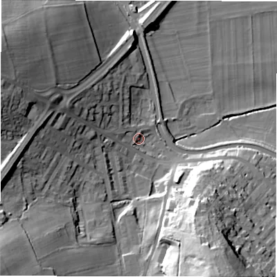 Shaded relief map of the ground around LS131LL, computed from Environment Agency LiDAR. The ground here sits at about 55 m above sea level and falls 43 m across the surrounding 800 m. Surface water reaching this point runs off ground lying to the south-west, 34.8 m higher.