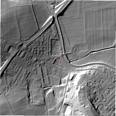 Shaded relief map of the ground around LS131LN, computed from Environment Agency LiDAR. The ground here sits at about 55 m above sea level and falls 42 m across the surrounding 800 m. Surface water reaching this point runs off ground lying to the south-south-east, 32.8 m higher.