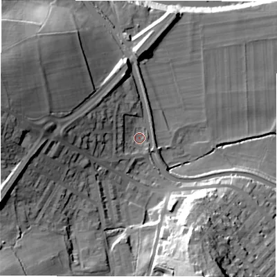 Shaded relief map of the ground around LS131LP, computed from Environment Agency LiDAR. The ground here sits at about 54 m above sea level and falls 44 m across the surrounding 800 m. Surface water reaching this point runs off ground lying to the west, 21.1 m higher.
