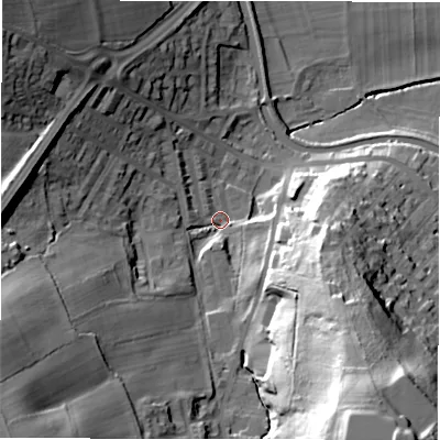 Shaded relief map of the ground around LS131LQ, computed from Environment Agency LiDAR. The ground here sits at about 57 m above sea level and falls 56 m across the surrounding 800 m. Surface water reaching this point runs off ground lying to the south-south-east, 45.3 m higher.