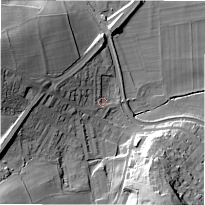 Shaded relief map of the ground around LS131LR, computed from Environment Agency LiDAR. The ground here sits at about 56 m above sea level and falls 40 m across the surrounding 800 m. Surface water reaching this point runs off ground lying to the west-north-west, 15.2 m higher.