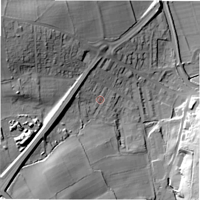 Shaded relief map of the ground around LS131NA, computed from Environment Agency LiDAR. The ground here sits at about 67 m above sea level and falls 51 m across the surrounding 800 m. Surface water reaching this point runs off ground lying to the west-south-west, 21.5 m higher.