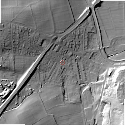 Shaded relief map of the ground around LS131NB, computed from Environment Agency LiDAR. The ground here sits at about 64 m above sea level and falls 46 m across the surrounding 800 m. Surface water reaching this point runs off ground lying to the west-south-west, 34.1 m higher.