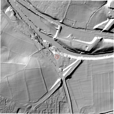 Shaded relief map of the ground around LS131NR, computed from Environment Agency LiDAR. The ground here sits at about 53 m above sea level and falls 45 m across the surrounding 800 m. Surface water reaching this point runs off ground lying to the west-south-west, 35.6 m higher.