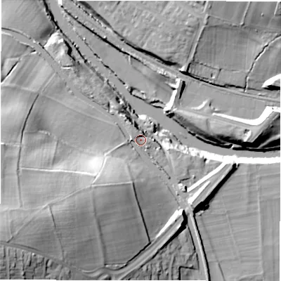 Shaded relief map of the ground around LS131NW, computed from Environment Agency LiDAR. The ground here sits at about 54 m above sea level and falls 50 m across the surrounding 800 m. Surface water reaching this point runs off ground lying to the south-west, 37.0 m higher.