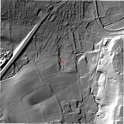 Shaded relief map of the ground around LS131PB, computed from Environment Agency LiDAR. The ground here sits at about 62 m above sea level and falls 56 m across the surrounding 800 m. Surface water reaching this point runs off ground lying to the south-west, 32.5 m higher.