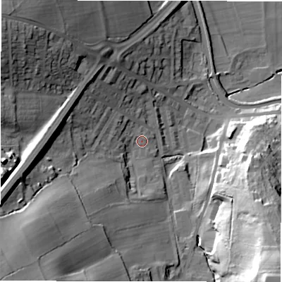 Shaded relief map of the ground around LS131PQ, computed from Environment Agency LiDAR. The ground here sits at about 61 m above sea level and falls 53 m across the surrounding 800 m. Surface water reaching this point runs off ground lying to the south-west, 36.5 m higher.