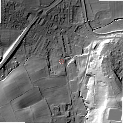 Shaded relief map of the ground around LS131PZ, computed from Environment Agency LiDAR. The ground here sits at about 61 m above sea level and falls 56 m across the surrounding 800 m. Surface water reaching this point runs off ground lying to the south-west, 3.4 m higher.