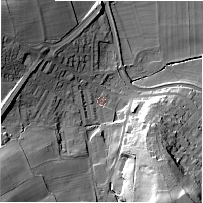 Shaded relief map of the ground around LS131QD, computed from Environment Agency LiDAR. The ground here sits at about 56 m above sea level and falls 52 m across the surrounding 800 m. Surface water reaching this point runs off ground lying to the south-south-east, 43.4 m higher.