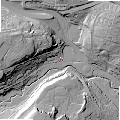 Shaded relief map of the ground around LS134HS, computed from Environment Agency LiDAR. The ground here sits at about 59 m above sea level and falls 50 m across the surrounding 800 m. Surface water reaching this point runs off ground lying to the west-north-west, 45.2 m higher.