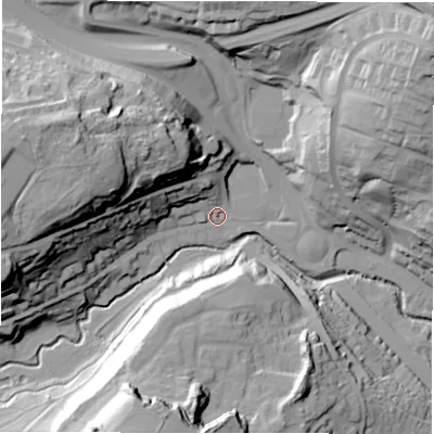 Shaded relief map of the ground around LS134HU, computed from Environment Agency LiDAR. The ground here sits at about 59 m above sea level and falls 50 m across the surrounding 800 m. Surface water reaching this point runs off ground lying to the west-north-west, 45.4 m higher.