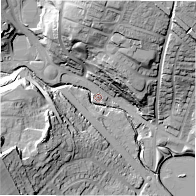 Shaded relief map of the ground around LS134HW, computed from Environment Agency LiDAR. The ground here sits at about 56 m above sea level and falls 51 m across the surrounding 800 m. Surface water reaching this point runs off ground lying to the west-south-west, 45.2 m higher.