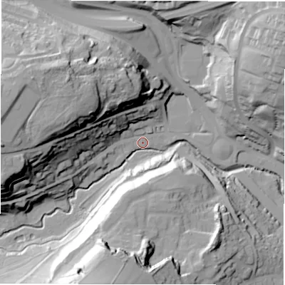 Shaded relief map of the ground around LS134HY, computed from Environment Agency LiDAR. The ground here sits at about 58 m above sea level and falls 53 m across the surrounding 800 m. Surface water reaching this point runs off ground lying to the south-south-west, 50.2 m higher.