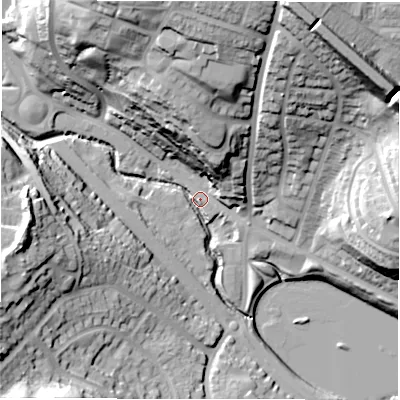 Shaded relief map of the ground around LS134JA, computed from Environment Agency LiDAR. The ground here sits at about 55 m above sea level and falls 48 m across the surrounding 800 m. Surface water reaching this point runs off ground lying to the north, 41.2 m higher.