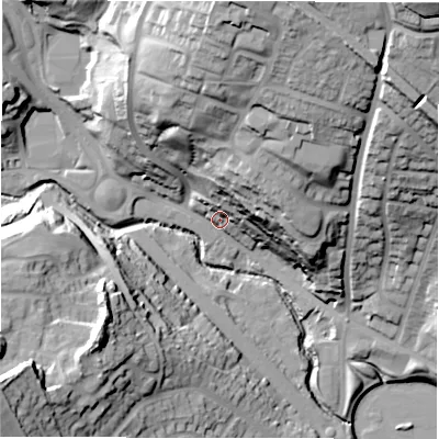 Shaded relief map of the ground around LS134JB, computed from Environment Agency LiDAR. The ground here sits at about 59 m above sea level and falls 59 m across the surrounding 800 m. Surface water reaching this point runs off ground lying to the north, 45.7 m higher.