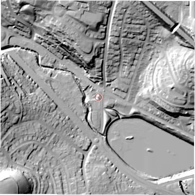 Shaded relief map of the ground around LS134JE, computed from Environment Agency LiDAR. The ground here sits at about 55 m above sea level and falls 48 m across the surrounding 800 m. Surface water reaching this point runs off ground lying to the north-north-east, 40.9 m higher.