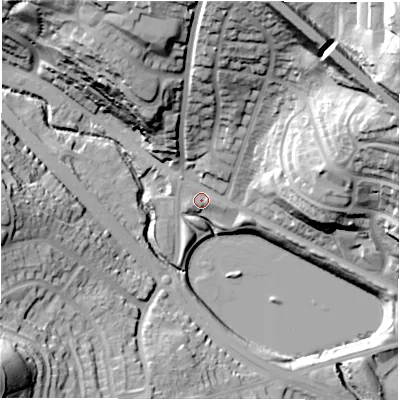 Shaded relief map of the ground around LS134LS, computed from Environment Agency LiDAR. The ground here sits at about 56 m above sea level and falls 56 m across the surrounding 800 m. Surface water reaching this point runs off ground lying to the north-east, 47.8 m higher.