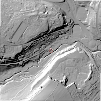 Shaded relief map of the ground around LS134UW, computed from Environment Agency LiDAR. The ground here sits at about 61 m above sea level and falls 59 m across the surrounding 800 m. Surface water reaching this point runs off ground lying to the south, 56.7 m higher.