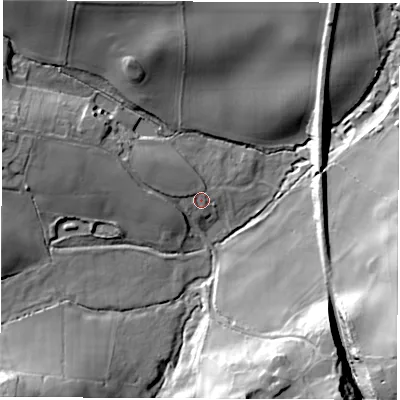 Shaded relief map of the ground around LS143AL, computed from Environment Agency LiDAR. The ground here sits at about 70 m above sea level and falls 44 m across the surrounding 800 m. Surface water reaching this point runs off ground lying to the west-north-west, 6.4 m higher.