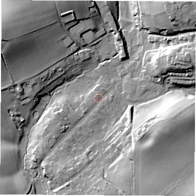 Shaded relief map of the ground around LS143DX, computed from Environment Agency LiDAR. The ground here sits at about 85 m above sea level and falls 30 m across the surrounding 800 m. Surface water reaching this point runs off ground lying to the south-west, 5.8 m higher.