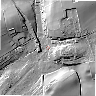 Shaded relief map of the ground around LS143ED, computed from Environment Agency LiDAR. The ground here sits at about 83 m above sea level and falls 35 m across the surrounding 800 m. Surface water reaching this point runs off ground lying to the north-east, 30.0 m higher.