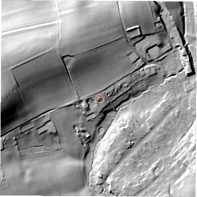Shaded relief map of the ground around LS143HB, computed from Environment Agency LiDAR. The ground here sits at about 91 m above sea level and falls 42 m across the surrounding 800 m. Surface water reaching this point runs off ground lying to the west-north-west, 2.6 m higher.