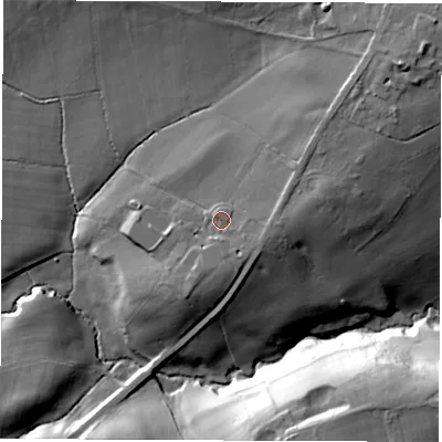 Shaded relief map of the ground around LS143HQ, computed from Environment Agency LiDAR. The ground here sits at about 112 m above sea level and falls 35 m across the surrounding 800 m. Surface water reaching this point runs off ground lying to the south-east, 2.7 m higher.