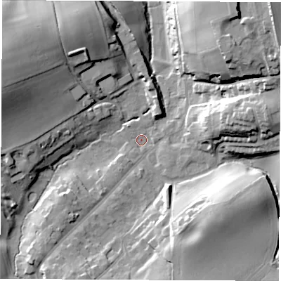 Shaded relief map of the ground around LS143JT, computed from Environment Agency LiDAR. The ground here sits at about 82 m above sea level and falls 33 m across the surrounding 800 m. Surface water reaching this point runs off ground lying to the east, 20.5 m higher.