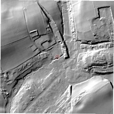 Shaded relief map of the ground around LS143LB, computed from Environment Agency LiDAR. The ground here sits at about 82 m above sea level and falls 35 m across the surrounding 800 m. Surface water reaching this point runs off ground lying to the west-north-west, 25.7 m higher.