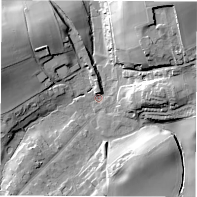 Shaded relief map of the ground around LS143LF, computed from Environment Agency LiDAR. The ground here sits at about 81 m above sea level and falls 34 m across the surrounding 800 m. Surface water reaching this point runs off ground lying to the east, 22.3 m higher.