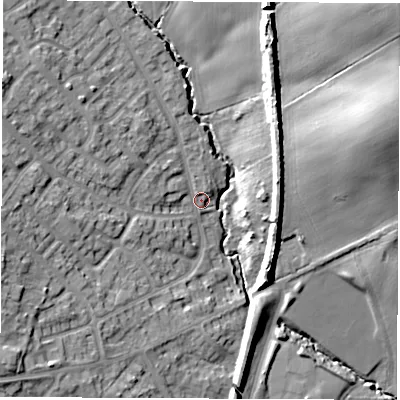 Shaded relief map of the ground around LS145QD, computed from Environment Agency LiDAR. The ground here sits at about 80 m above sea level and falls 28 m across the surrounding 800 m. Surface water reaching this point runs off ground lying to the west-south-west, 16.8 m higher.