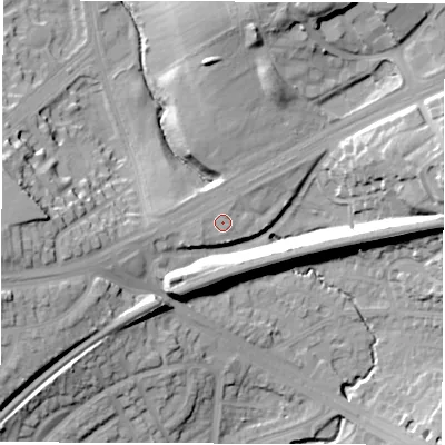 Shaded relief map of the ground around LS146AT, computed from Environment Agency LiDAR. The ground here sits at about 45 m above sea level and falls 27 m across the surrounding 800 m. Surface water reaching this point runs off ground lying to the east-north-east, 22.0 m higher.