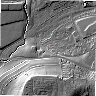 Shaded relief map of the ground around LS146SN, computed from Environment Agency LiDAR. The ground here sits at about 52 m above sea level and falls 36 m across the surrounding 800 m. Surface water reaching this point runs off ground lying to the south-east, 6.4 m higher.