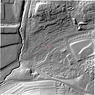 Shaded relief map of the ground around LS146TT, computed from Environment Agency LiDAR. The ground here sits at about 49 m above sea level and falls 26 m across the surrounding 800 m. Surface water reaching this point runs off ground lying to the north-east, 19.4 m higher.