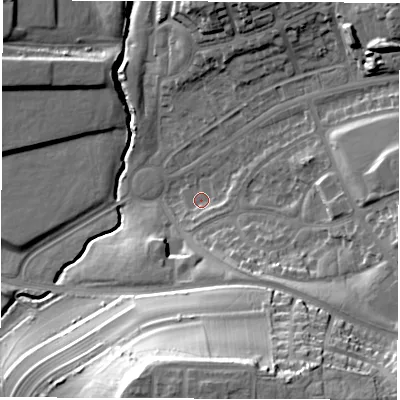 Shaded relief map of the ground around LS146UB, computed from Environment Agency LiDAR. The ground here sits at about 48 m above sea level and falls 36 m across the surrounding 800 m. Surface water reaching this point runs off ground lying to the east, 12.8 m higher.
