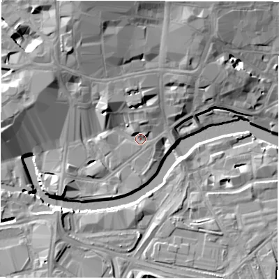 Shaded relief map of the ground around LS14AG, computed from Environment Agency LiDAR. The ground here sits at about 28 m above sea level and falls 19 m across the surrounding 800 m. Surface water reaching this point runs off ground lying to the north-north-east, 8.2 m higher.