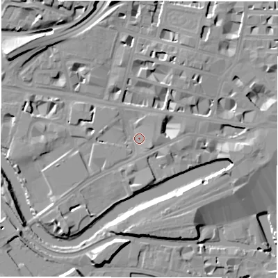 Shaded relief map of the ground around LS14AL, computed from Environment Agency LiDAR. The ground here sits at about 29 m above sea level and falls 18 m across the surrounding 800 m. Surface water reaching this point runs off ground lying to the east-north-east, 6.8 m higher.
