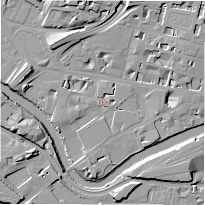 Shaded relief map of the ground around LS14AN, computed from Environment Agency LiDAR. The ground here sits at about 30 m above sea level and falls 15 m across the surrounding 800 m. Surface water reaching this point runs off ground lying to the north-north-east, 13.1 m higher.