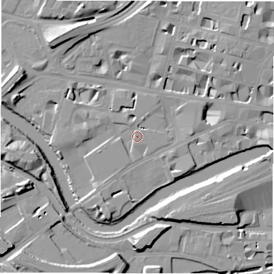 Shaded relief map of the ground around LS14AP, computed from Environment Agency LiDAR. The ground here sits at about 30 m above sea level and falls 14 m across the surrounding 800 m. Surface water reaching this point runs off ground lying to the north-east, 12.6 m higher.
