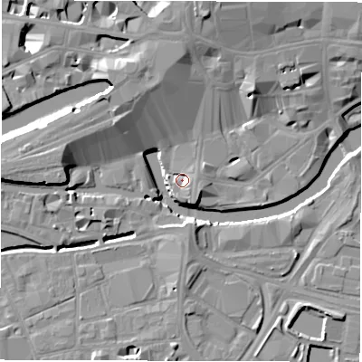 Shaded relief map of the ground around LS14AZ, computed from Environment Agency LiDAR. The ground here sits at about 27 m above sea level and falls 14 m across the surrounding 800 m. Surface water reaching this point runs off ground lying to the south-south-east, 3.6 m higher.