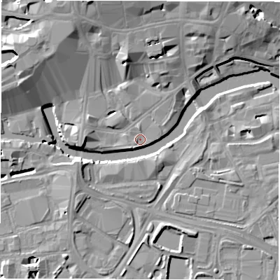 Shaded relief map of the ground around LS14BA, computed from Environment Agency LiDAR. The ground here sits at about 27 m above sea level and falls 14 m across the surrounding 800 m. Surface water reaching this point runs off ground lying to the north-north-west, 14.1 m higher.