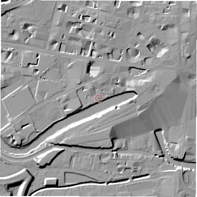 Shaded relief map of the ground around LS14BF, computed from Environment Agency LiDAR. The ground here sits at about 30 m above sea level and falls 21 m across the surrounding 800 m. Surface water reaching this point runs off ground lying to the north-east, 17.7 m higher.