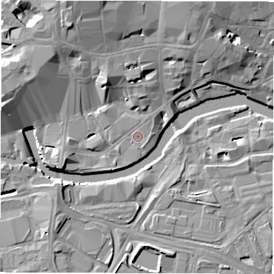 Shaded relief map of the ground around LS14BJ, computed from Environment Agency LiDAR. The ground here sits at about 27 m above sea level and falls 16 m across the surrounding 800 m. Surface water reaching this point runs off ground lying to the north-east, 1.0 m higher.