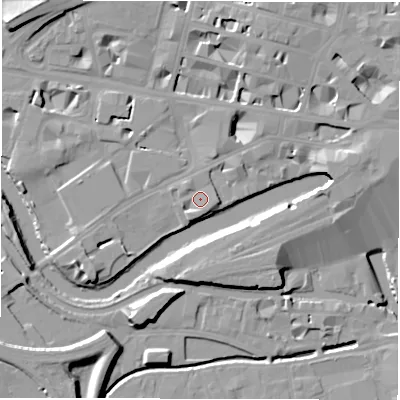 Shaded relief map of the ground around LS14BN, computed from Environment Agency LiDAR. The ground here sits at about 30 m above sea level and falls 17 m across the surrounding 800 m. Surface water reaching this point runs off ground lying to the south-south-east, 1.3 m higher.