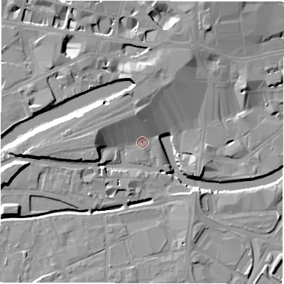 Shaded relief map of the ground around LS14BR, computed from Environment Agency LiDAR. The ground here sits at about 28 m above sea level and falls 16 m across the surrounding 800 m. Surface water reaching this point runs off ground lying to the north-north-west, 6.2 m higher.